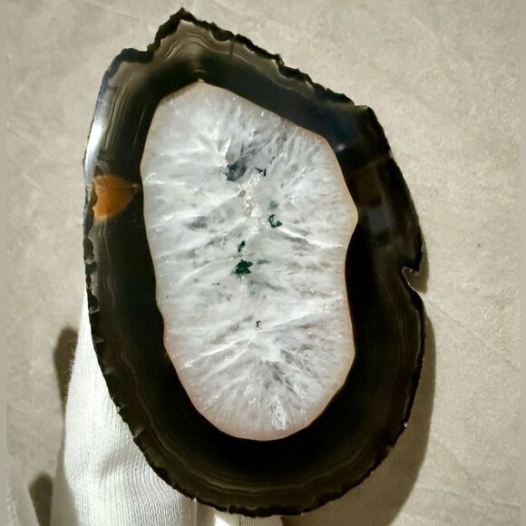 White Crystal Geode Agate Slice & Green Inclusions–Polished Display Stone 4.25” - Picture 5 of 15